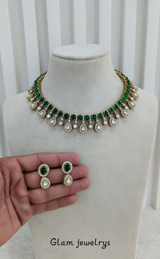 Green Gold Moissanite Kundan Necklace Indian Jewellery Echer Set