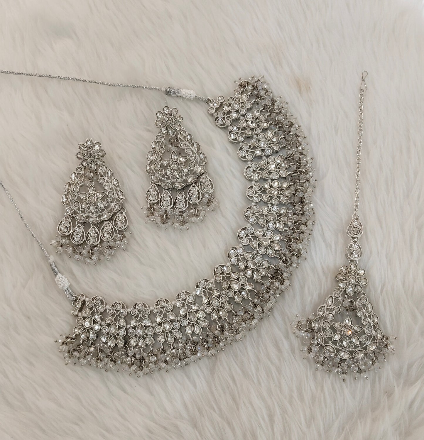 Silver White Necklace Indian Jewellery Bruit Set