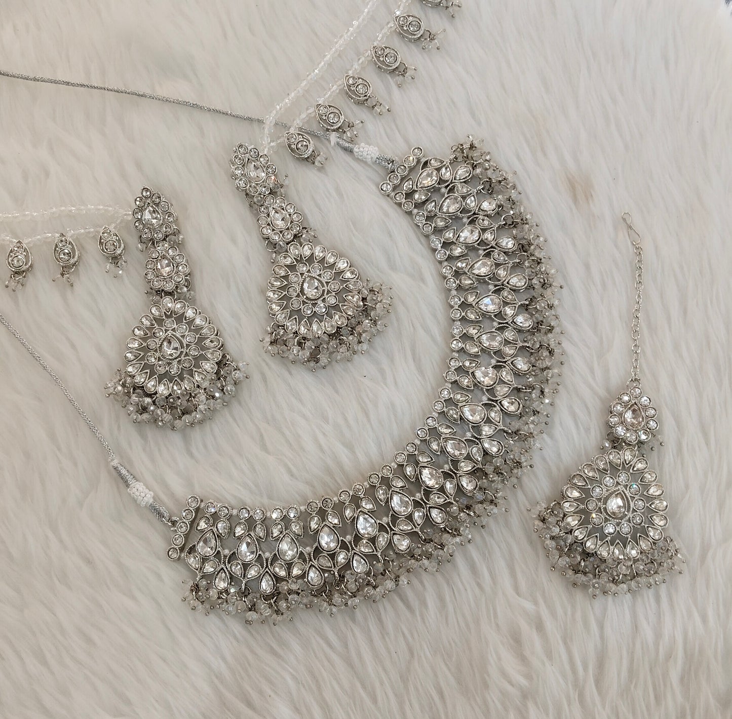 Silver White Necklace Indian Jewellery Bruit Set