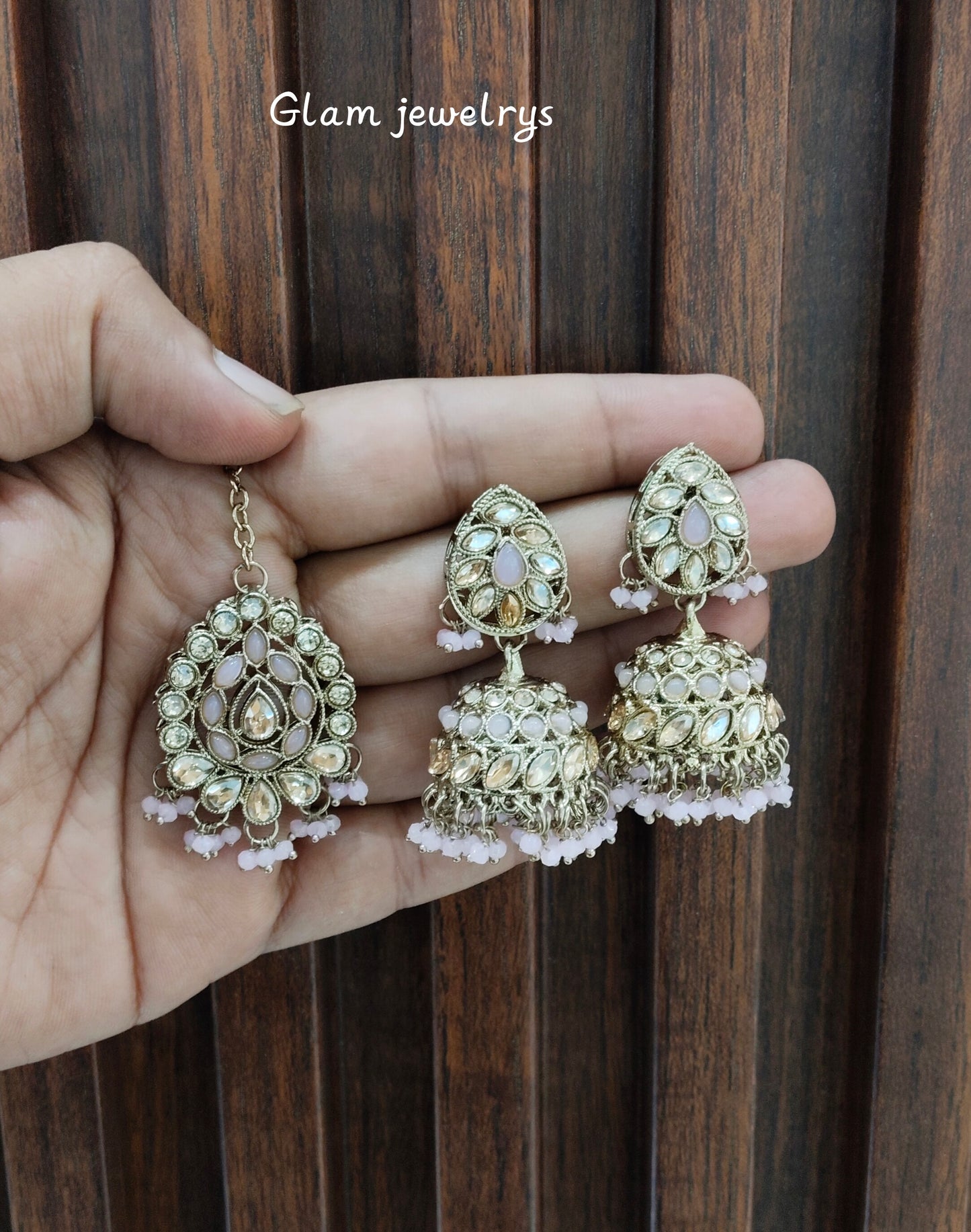 Pink Antique Gold Jhumka Indian Bollywood Suman Earrings