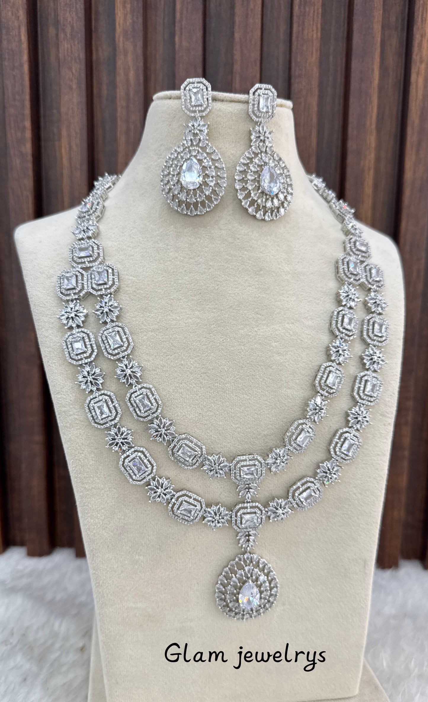 Silver CZ Long Necklace Indian Jewellery Angel Set