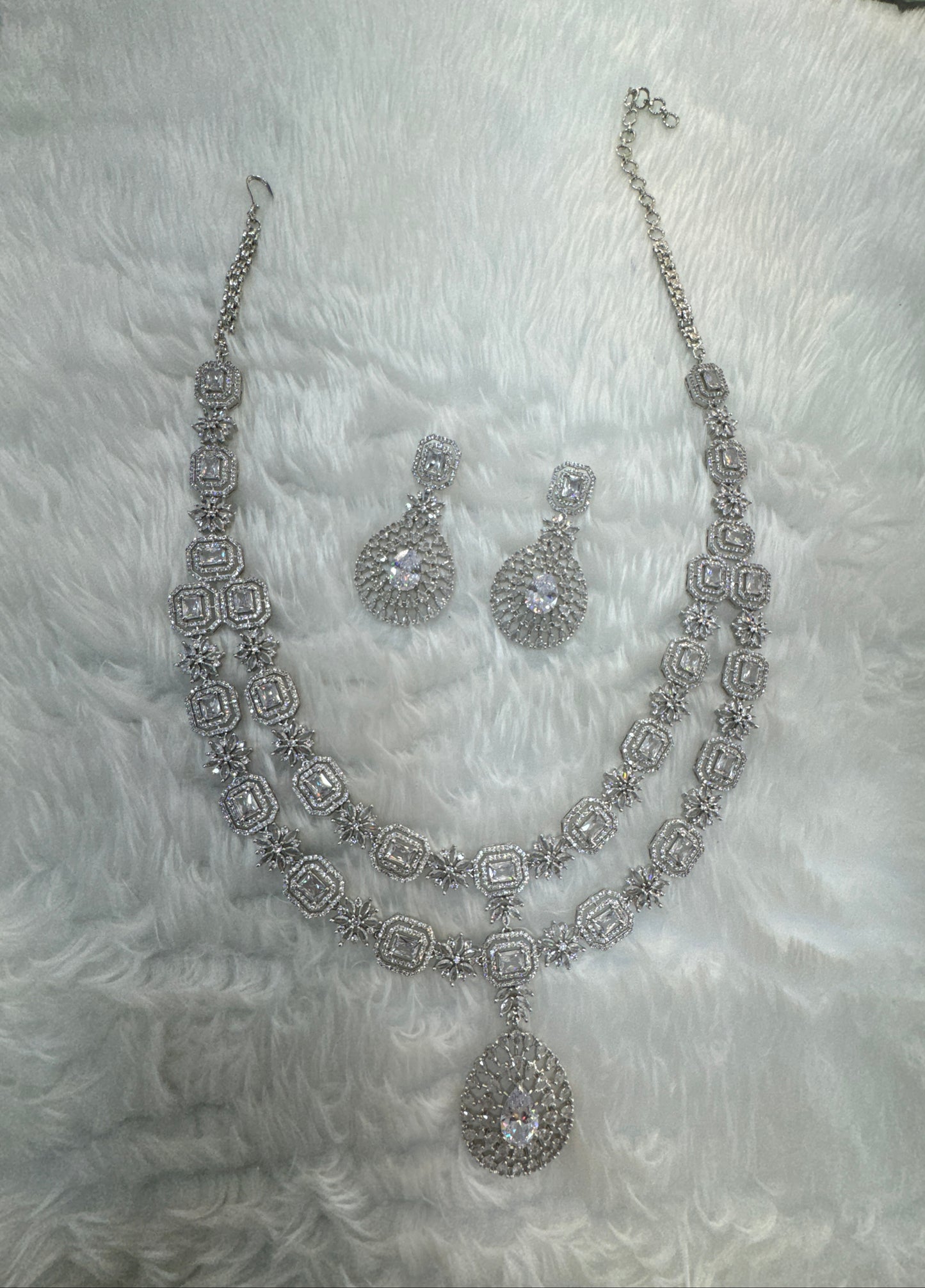 Silver CZ Long Necklace Indian Jewellery Angel Set