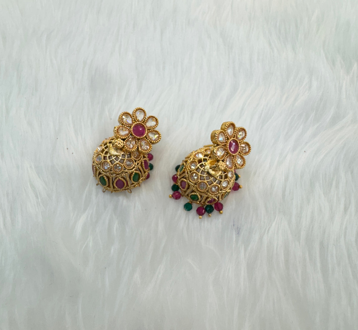 Ruby Green Gold Polki Jhumki Indian Bollywood Dhutta Earrings