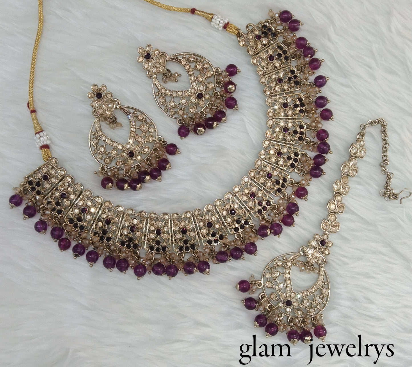 Antique Gold Purple Indian Bridal Isha Jewellery Necklace Set