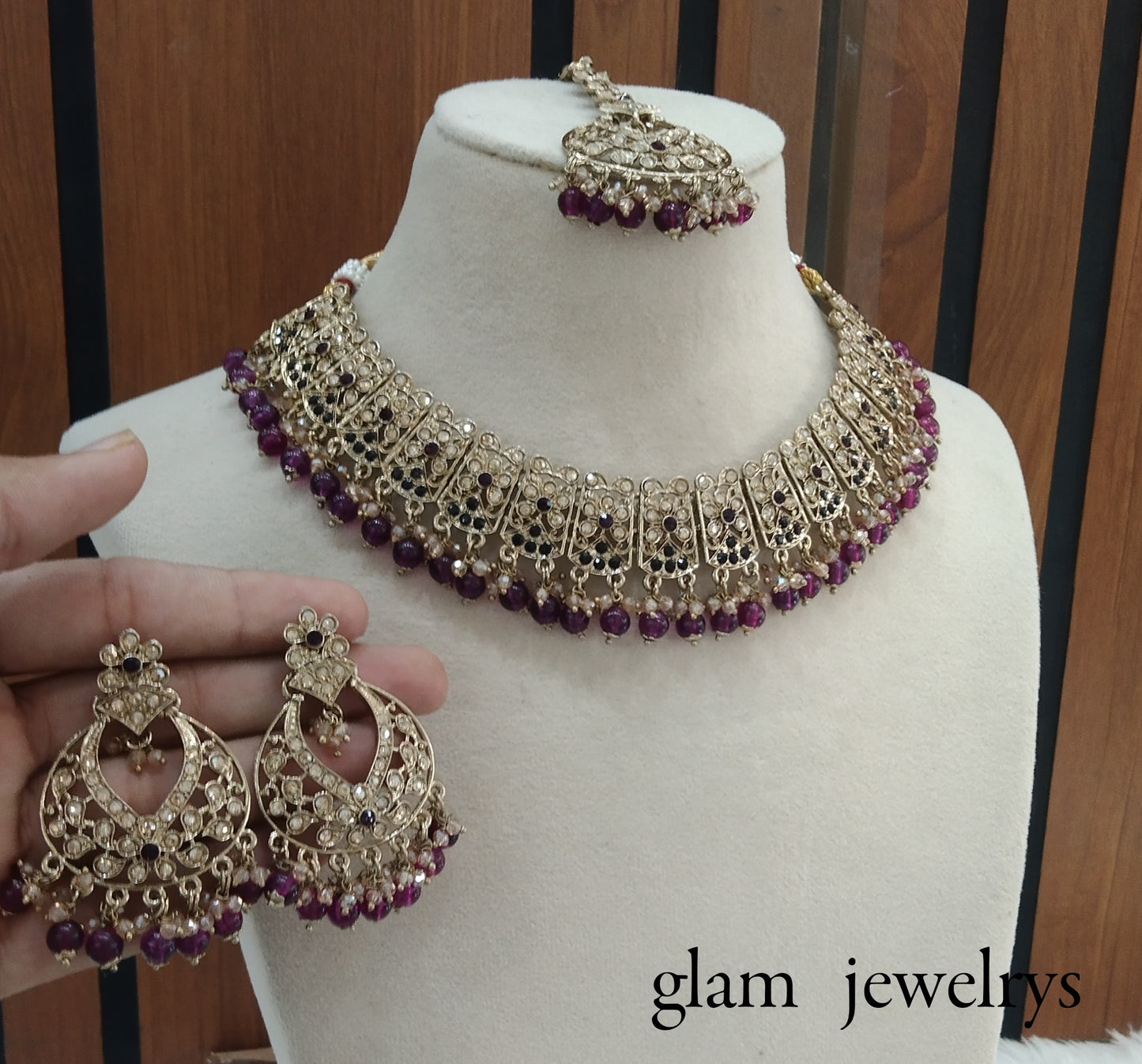 Antique Gold Purple Indian Bridal Isha Jewellery Necklace Set