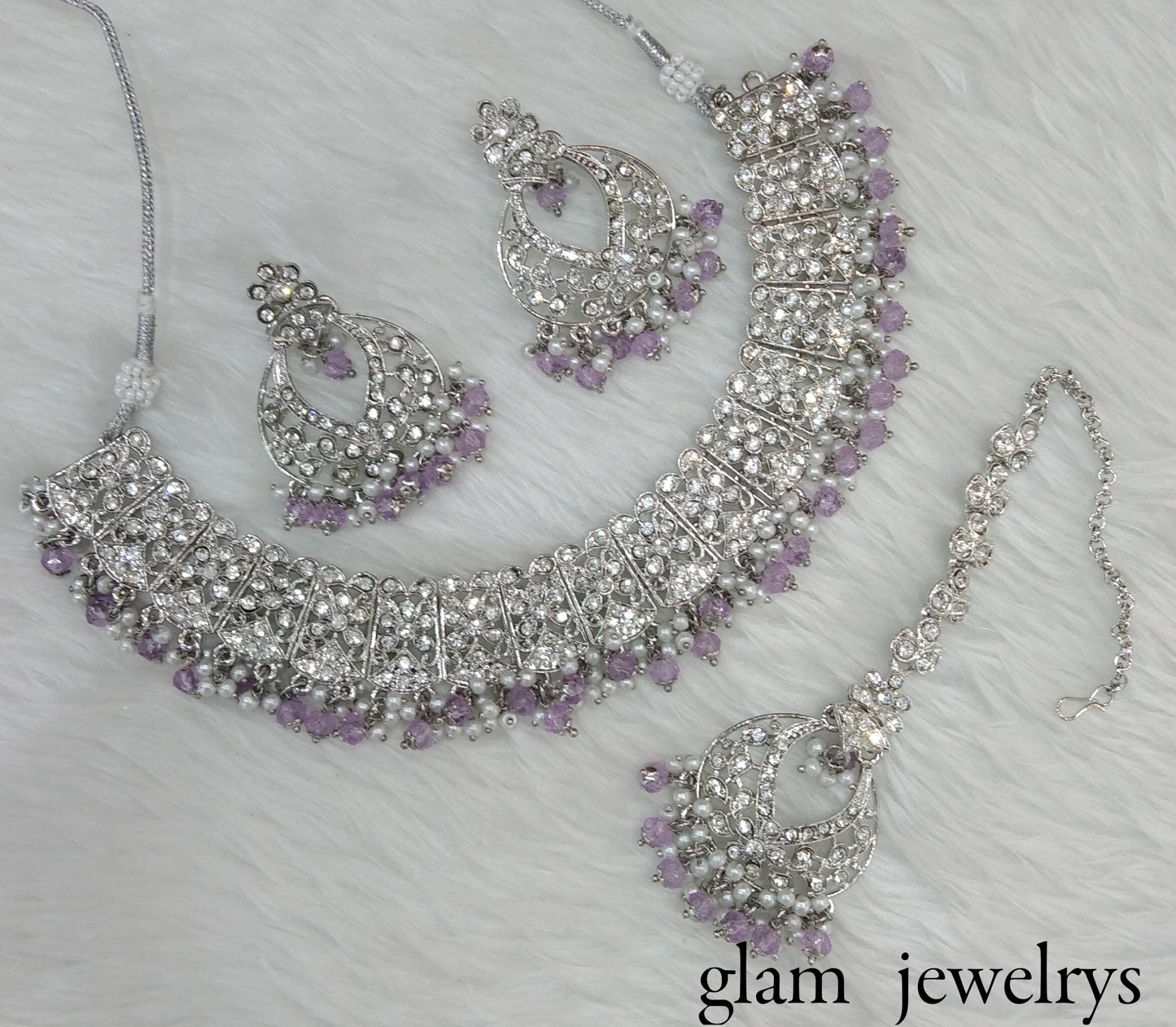 Silver Lavender Indian Bridal Isha Jewellery Necklace Set