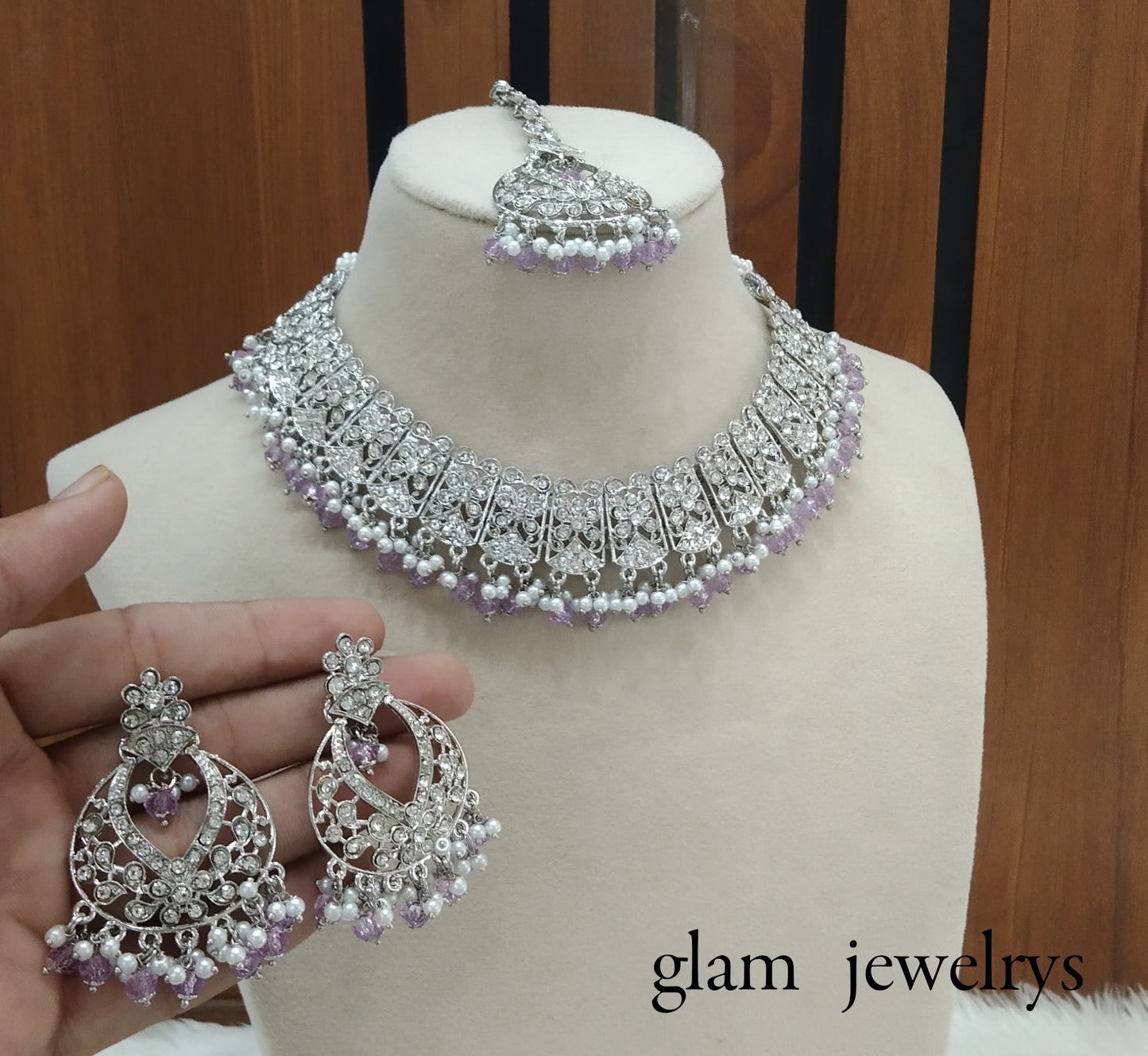 Silver Lavender Indian Bridal Isha Jewellery Necklace Set