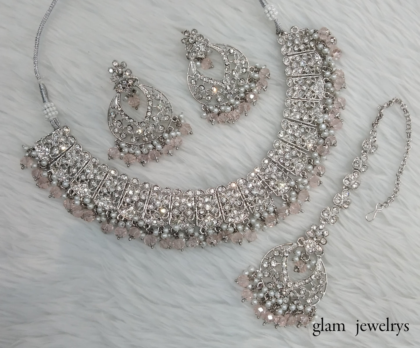 Silver Indian Peach Bridal Isha Jewellery Necklace Set
