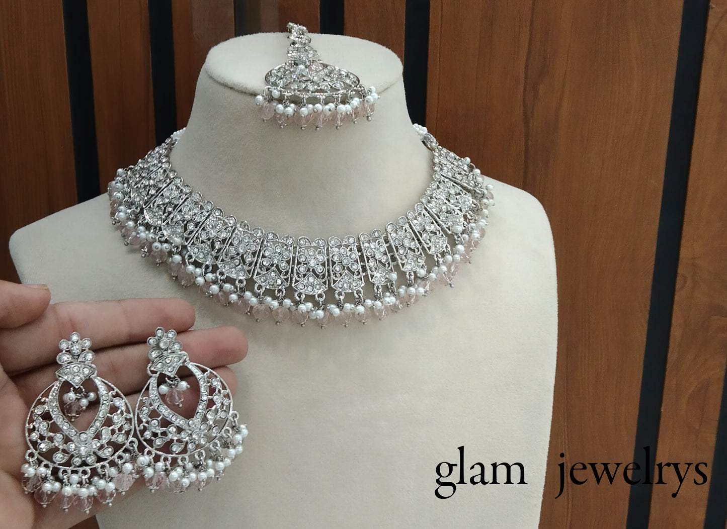 Silver Indian Peach Bridal Isha Jewellery Necklace Set