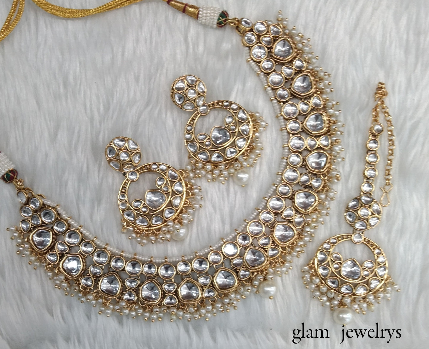 Gold white Kundan necklace Set/ kundan Indian jewelry kundan Jinder sets