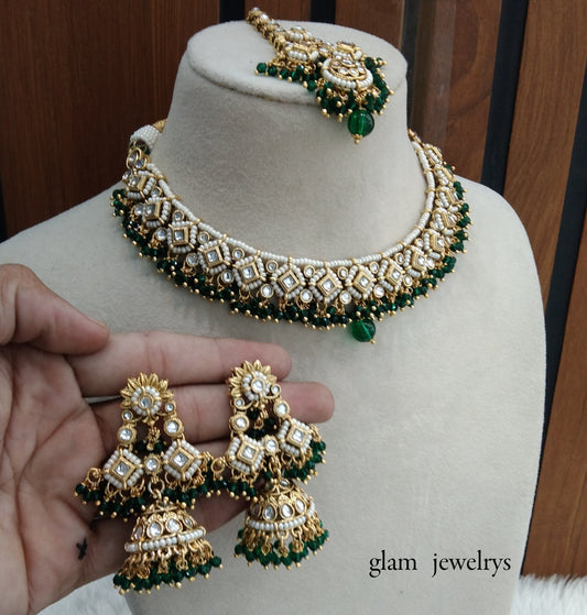 Green Kundan necklace Set/ kundan Indian jewelry kundan Rajveer sets