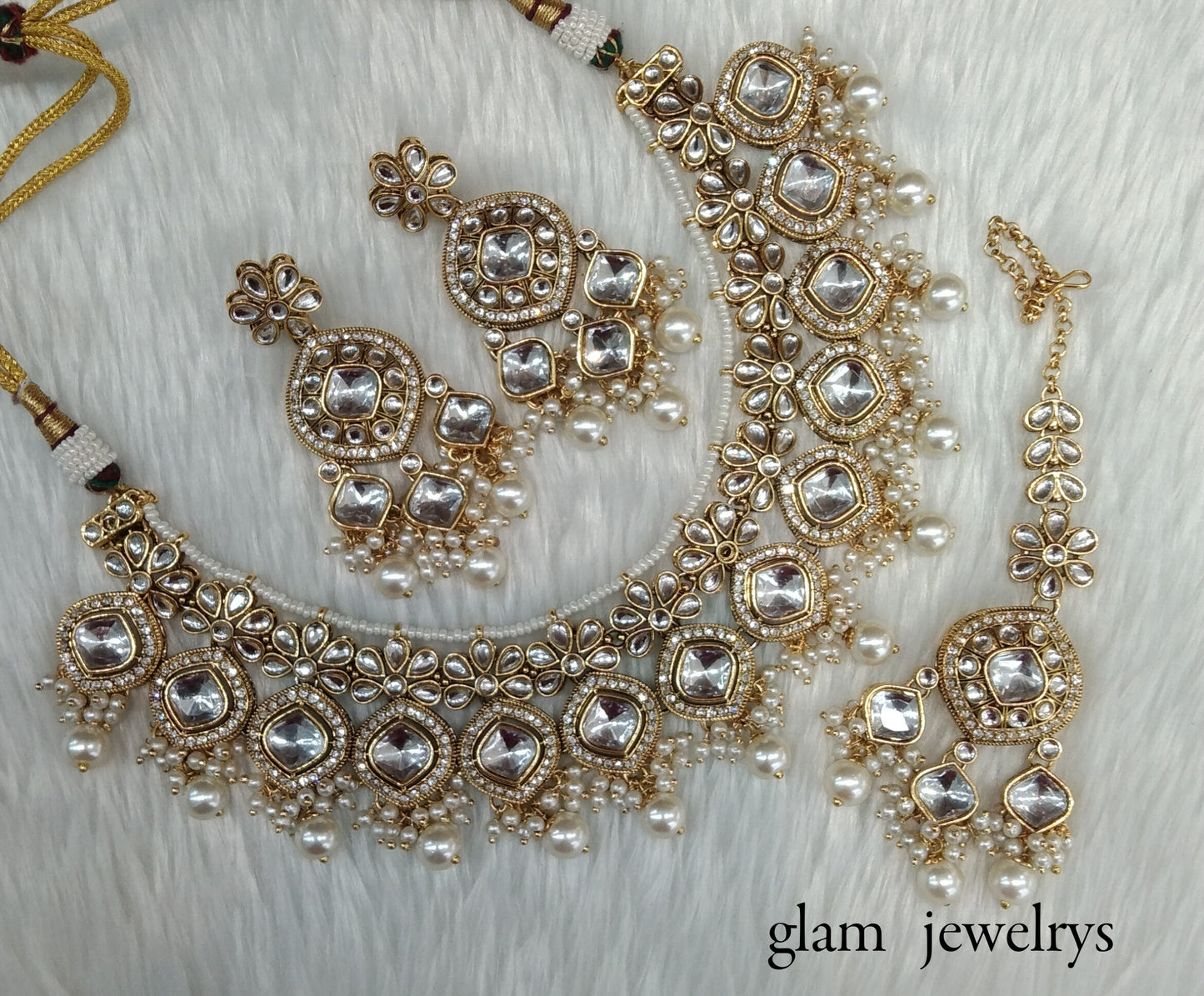 Gold White Kundan necklace Set/ kundan Indian jewelry kundan Sukh sets
