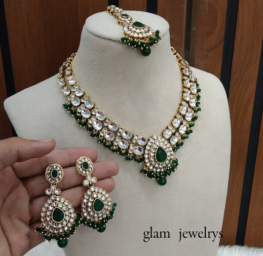 Green Kundan necklace Set/ kundan Indian jewelry kundan Khus sets