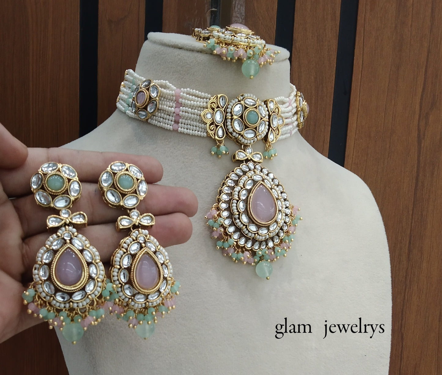 Mint Pink kundan Indian jewellery choker Balwinder sets
