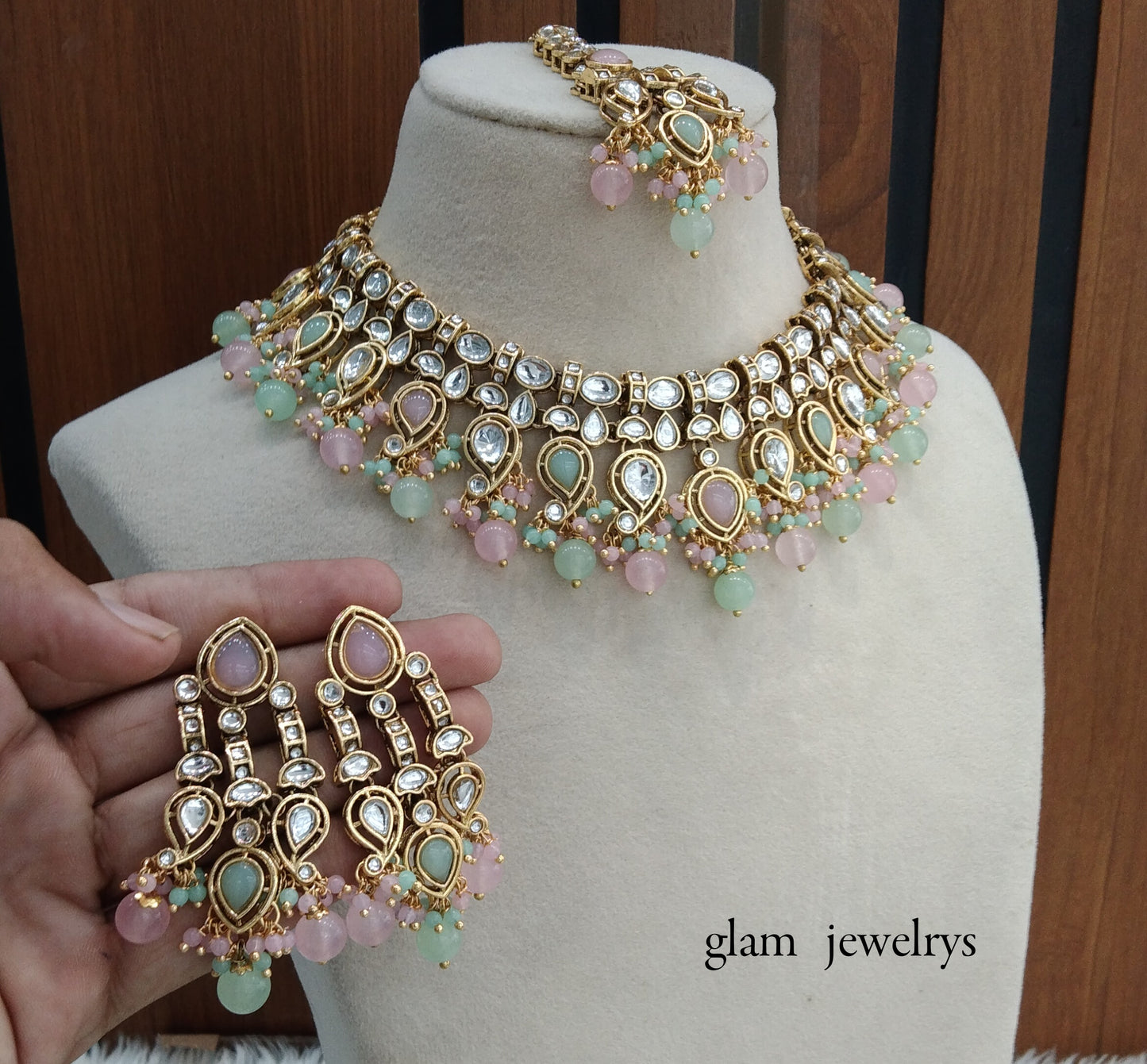 Mint Pink Kundan necklace Set/ kundan Indian jewelry Baljinder sets