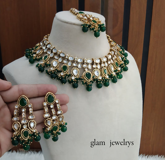 Green Kundan necklace Set/ kundan Indian jewelry Baljinder sets