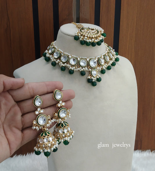 Green Kundan necklace Set/ kundan Indian jewellery kundan Seema sets