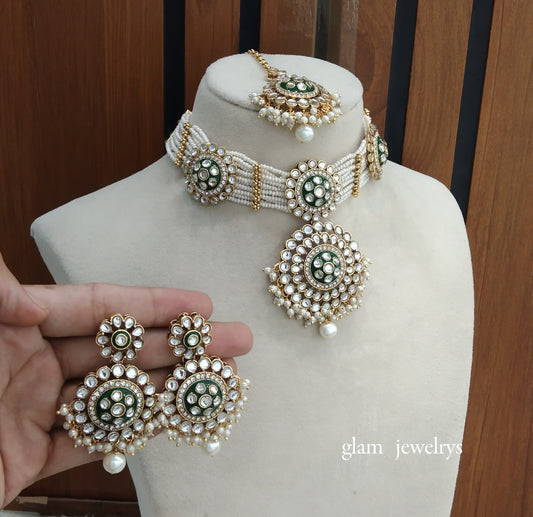 Green kundan Choker Indian jewellery Rimpi sets