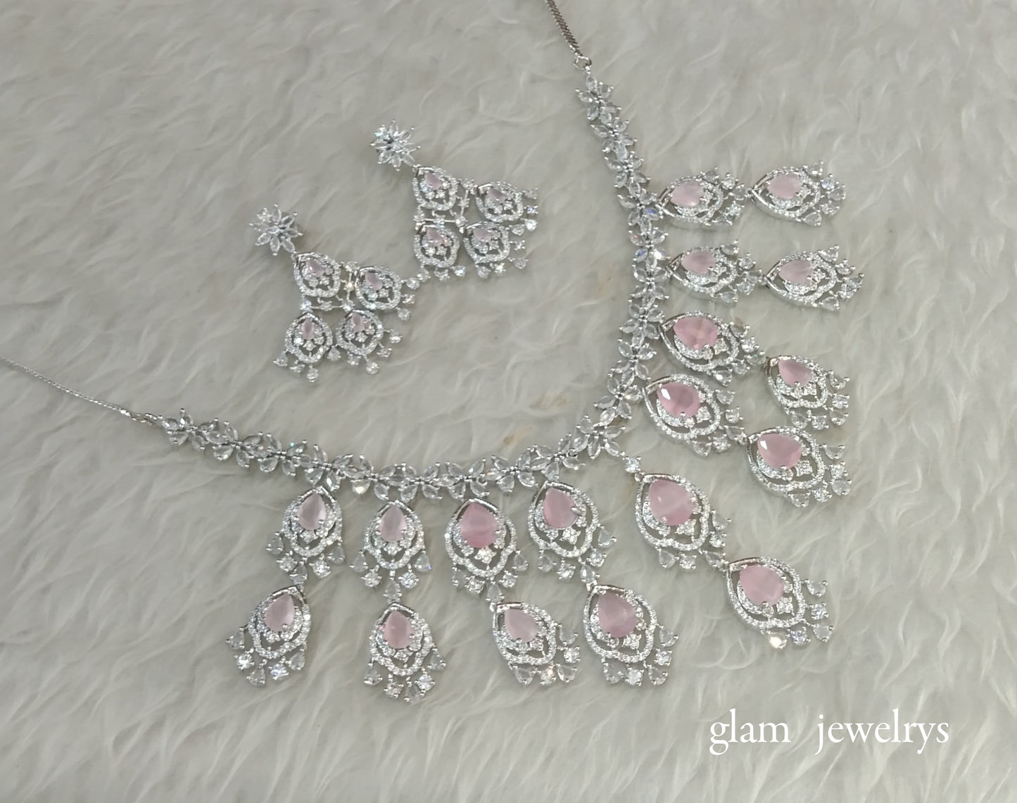 Silver Baby Pink American Diamond AD Nora Necklace Set /Indian Necklace Set