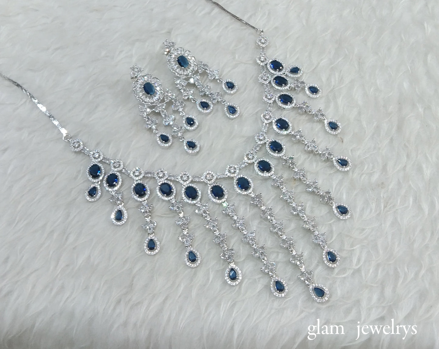 Silver Blue American Diamond AD Luna Necklace Set /Indian Necklace Set