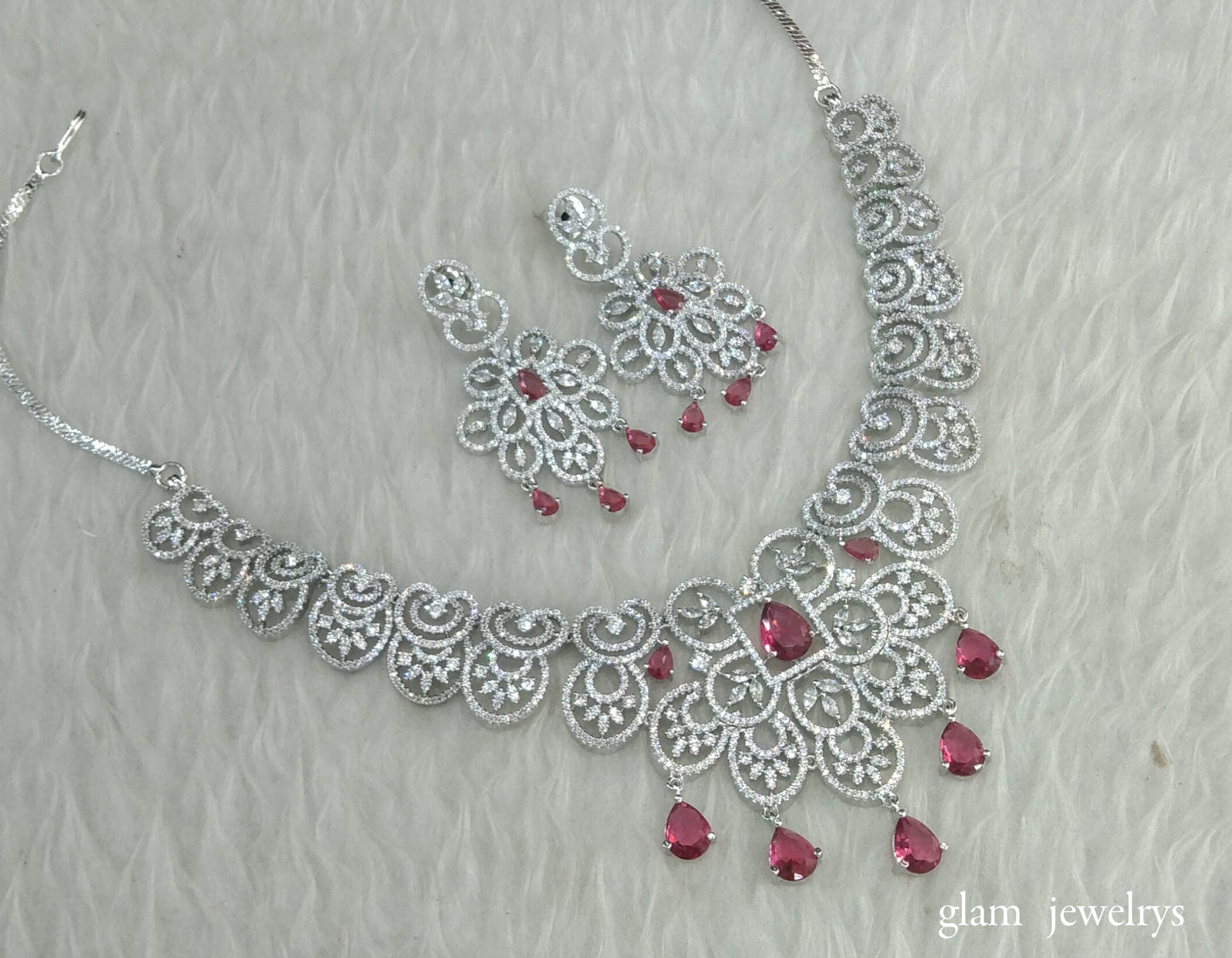 Silver Ruby American Diamond AD Vera Necklace Set /Indian Necklace Set