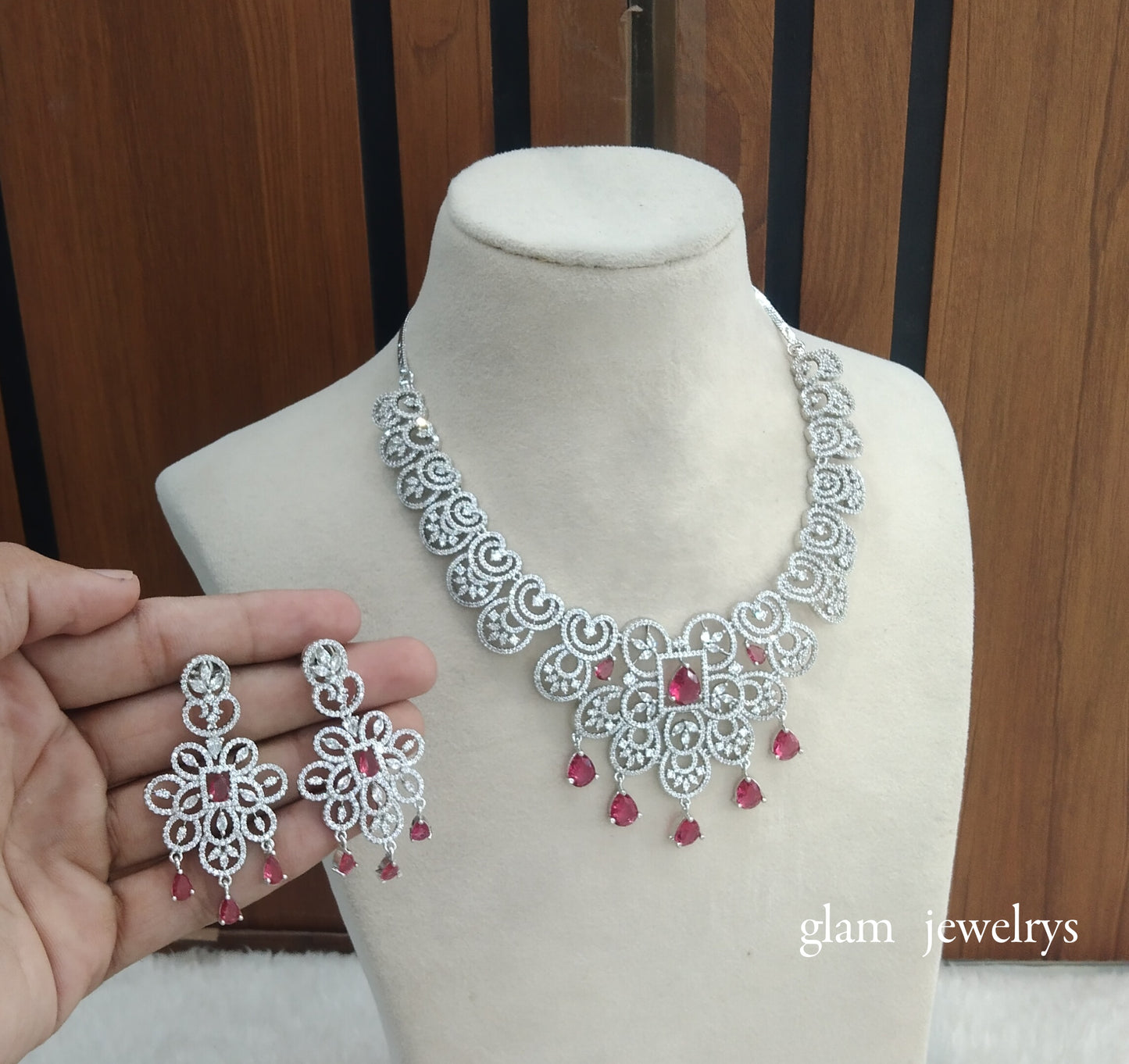 Silver Ruby American Diamond AD Vera Necklace Set /Indian Necklace Set