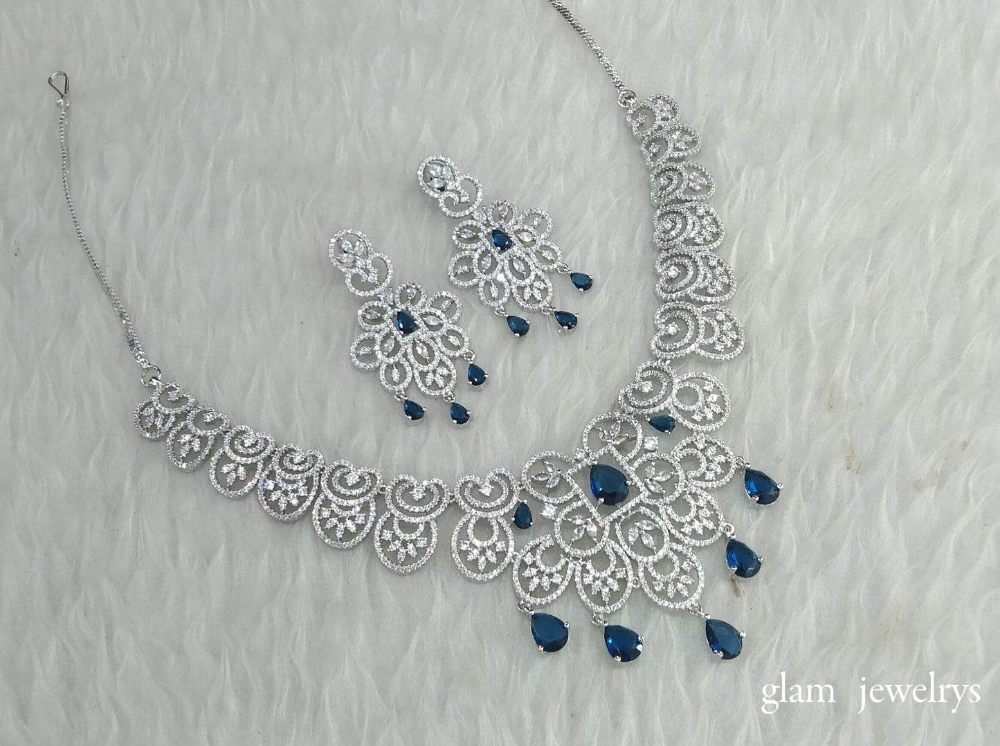 Silver Blue American Diamond AD Vera Necklace Set /Indian Necklace Set