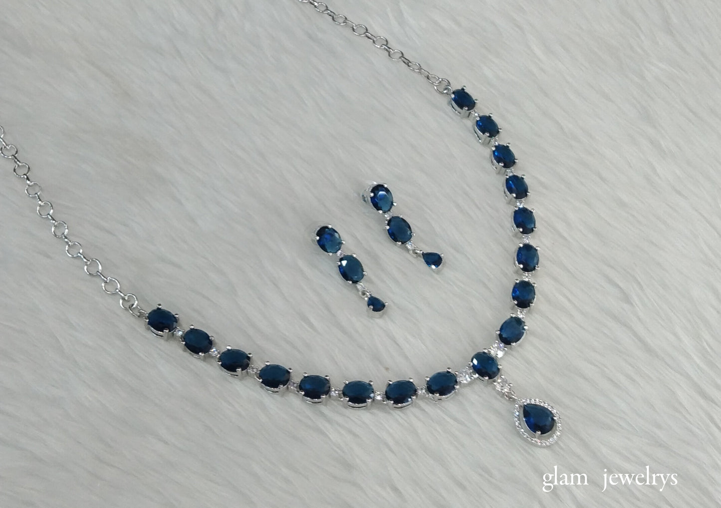 Silver Blue American Diamond AD Guneet Necklace Set /Indian Necklace Set