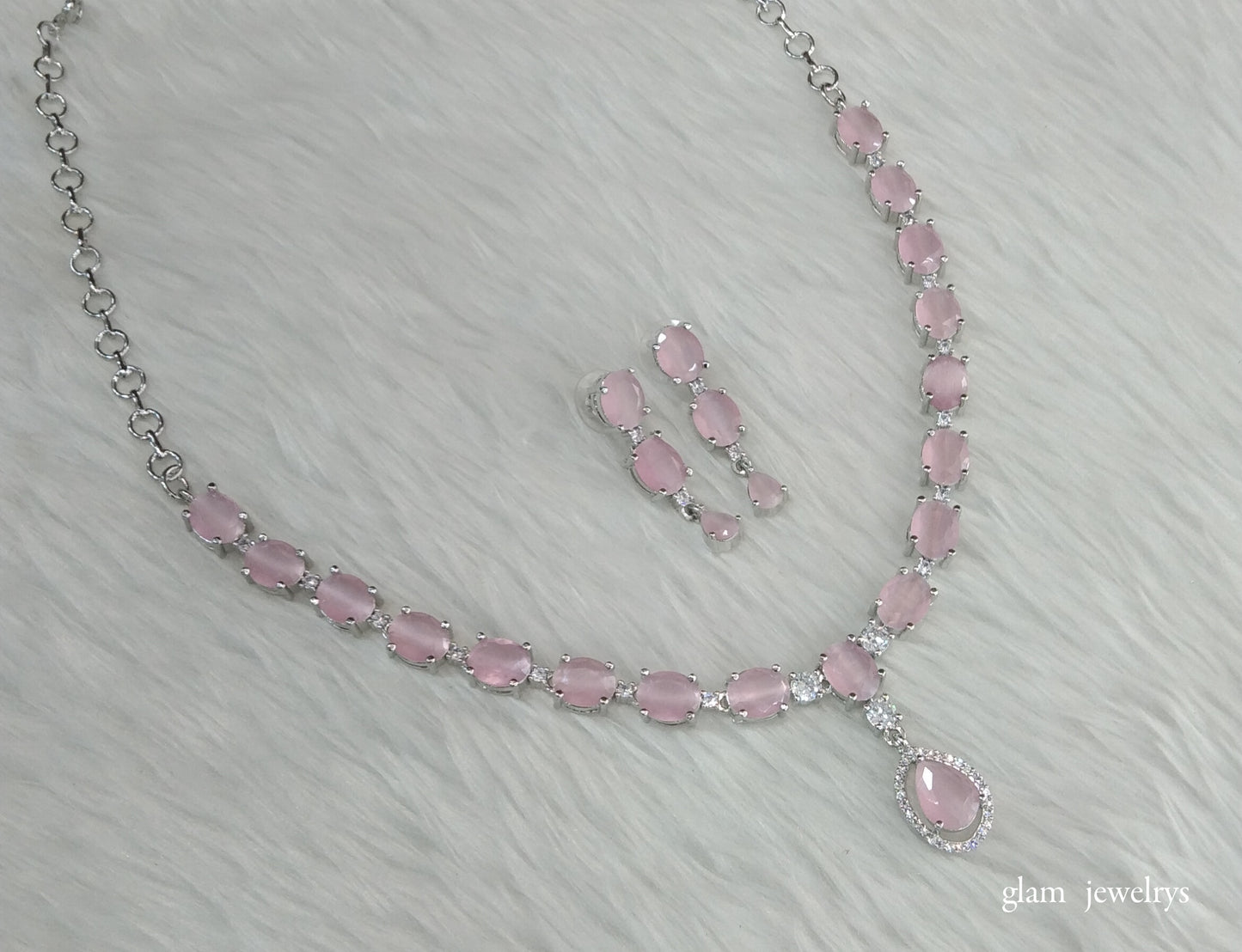 Silver Pink American Diamond AD Guneet Necklace Set /Indian Necklace Set