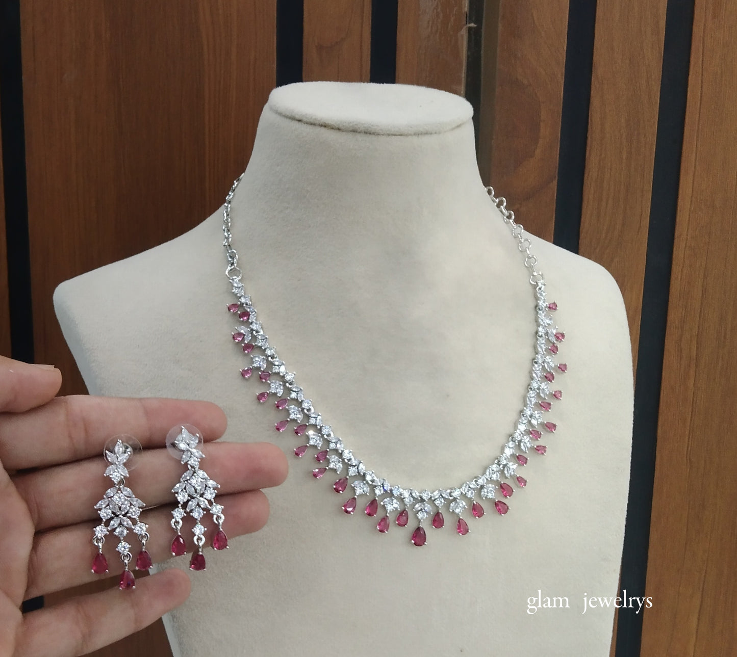 Silver Ruby American Diamond AD Anita Necklace Set /Indian Necklace Set