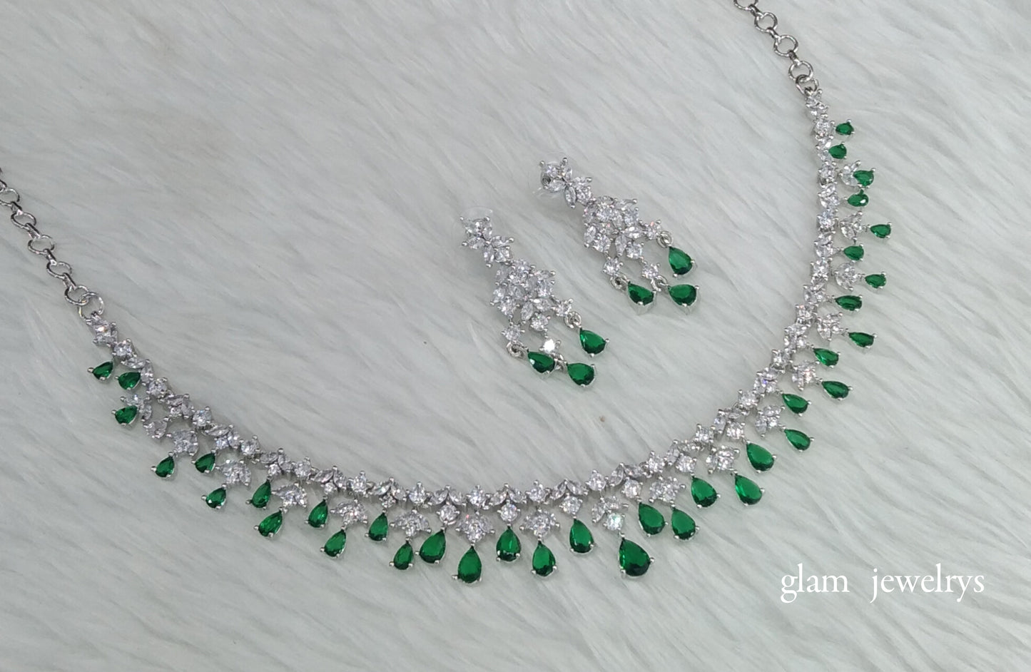 Silver Green American Diamond AD Anita Necklace Set /Indian Necklace Set