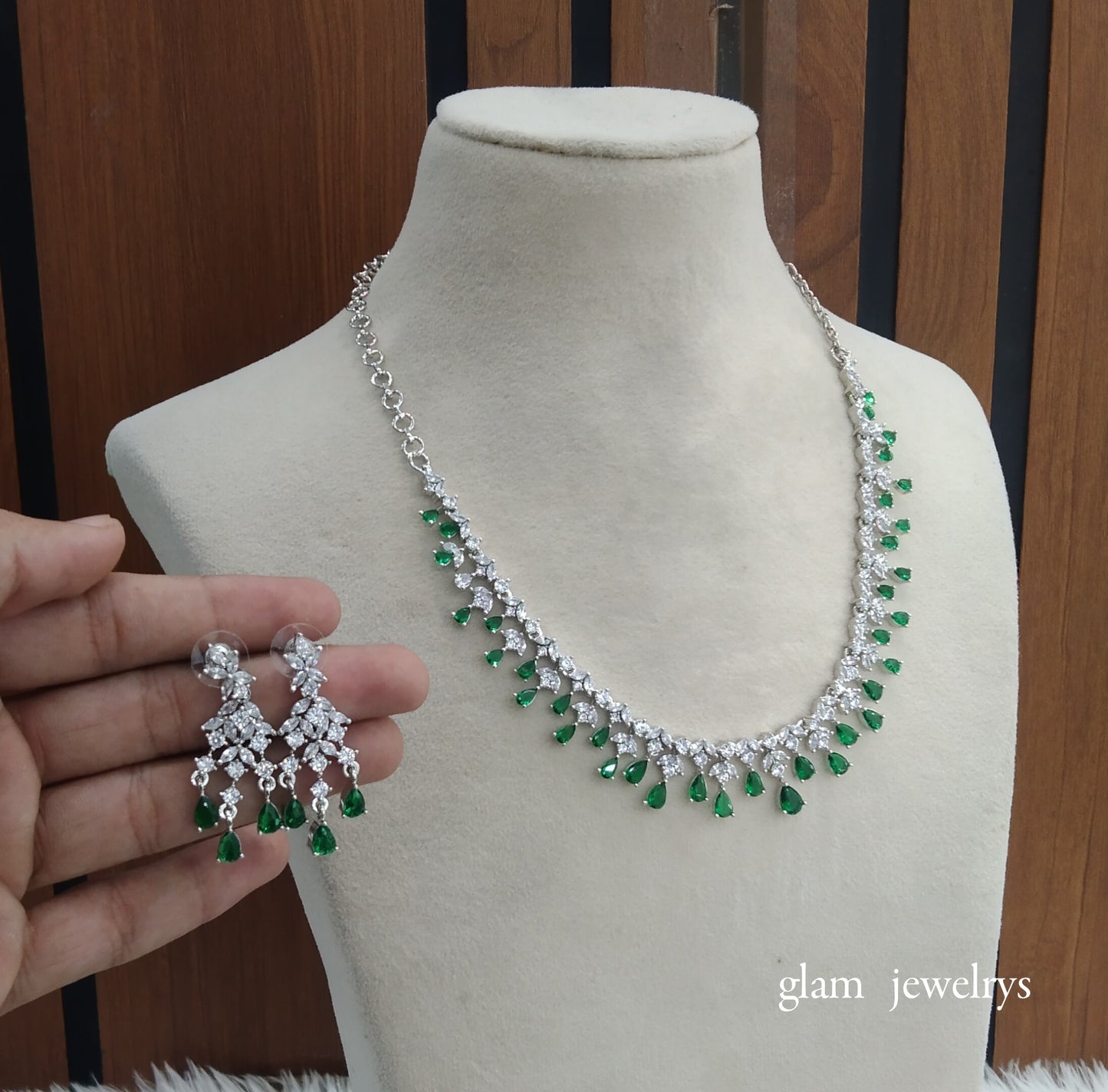 Silver Green American Diamond AD Anita Necklace Set /Indian Necklace Set