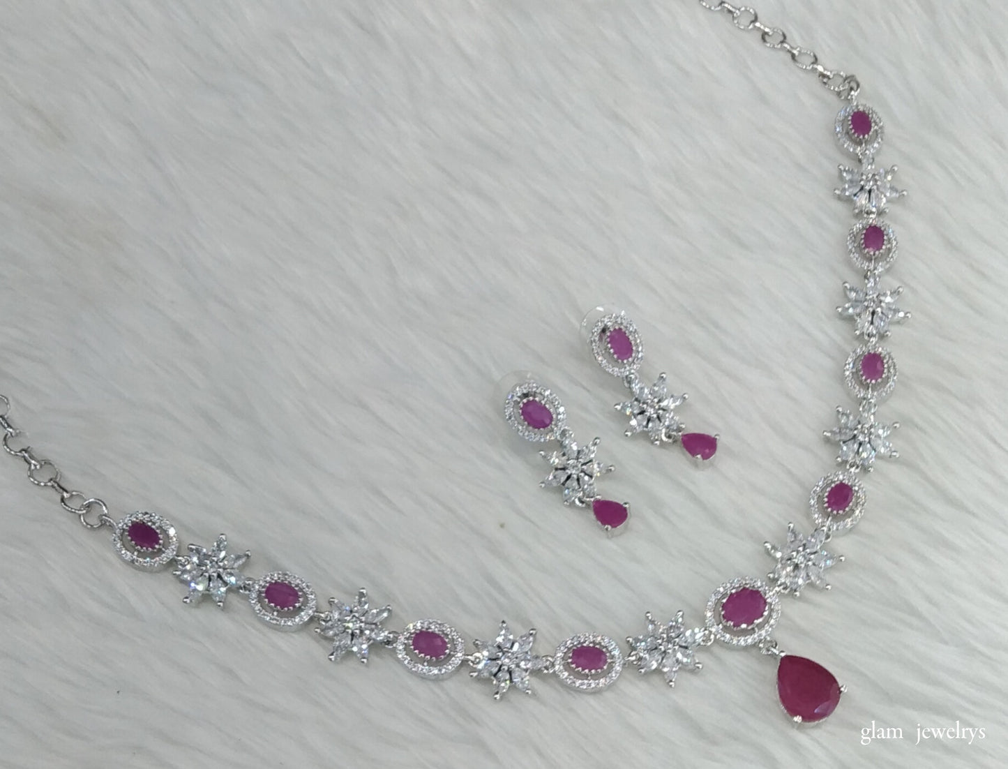 Silver Dark Pink American Diamond AD Tania Necklace Set /Indian Necklace Set