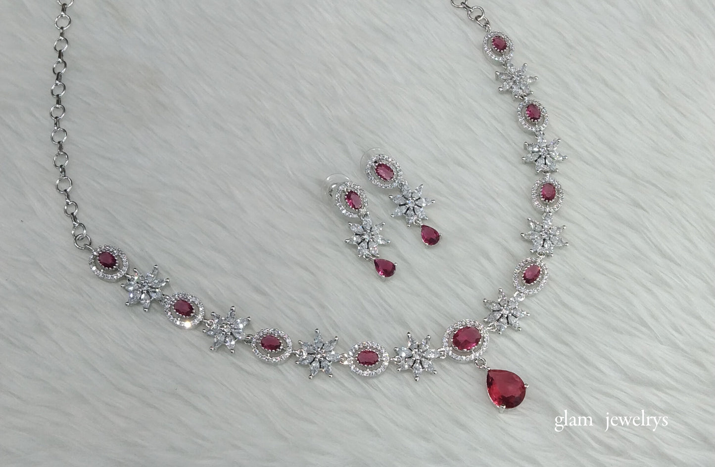 Silver Ruby American Diamond AD Tania Necklace Set /Indian Necklace Set