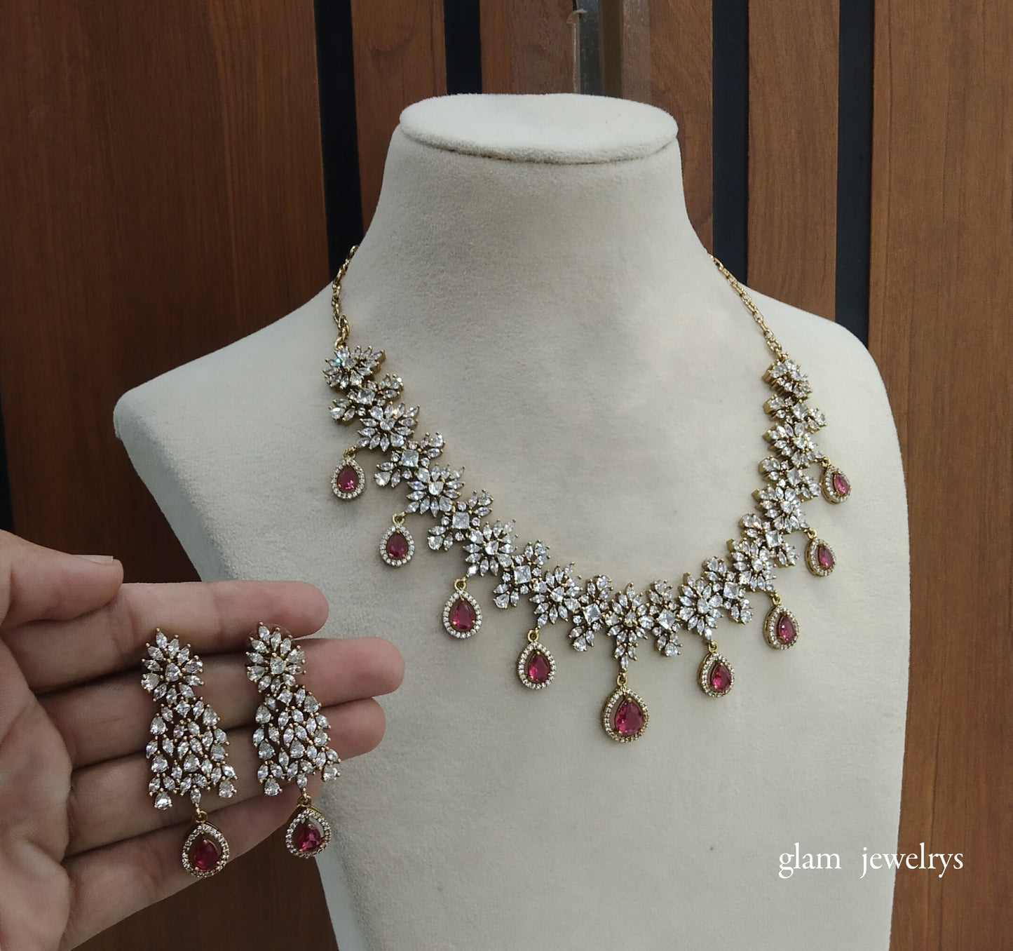 Antique Ruby American Diamond AD Simrit Necklace Set /Indian Necklace Set