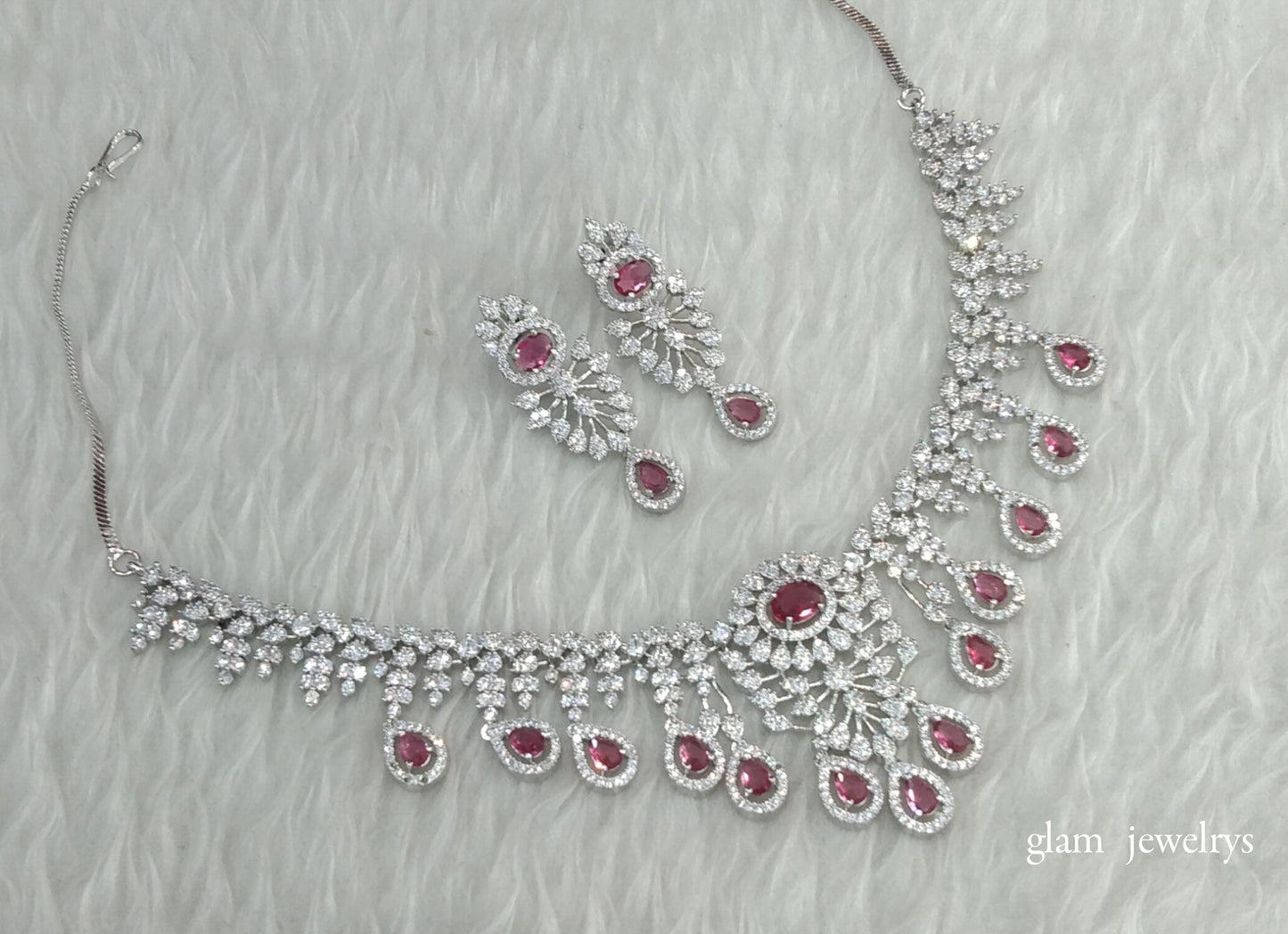 Silver Ruby American Diamond AD Karam Necklace Set /Indian Necklace Set