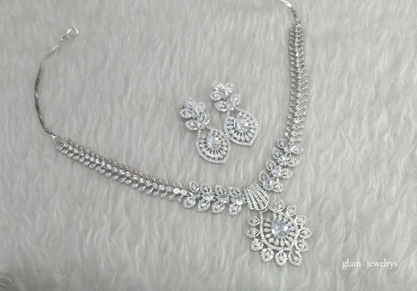 Silver American Diamond AD Karam Necklace Set /Indian Necklace Set