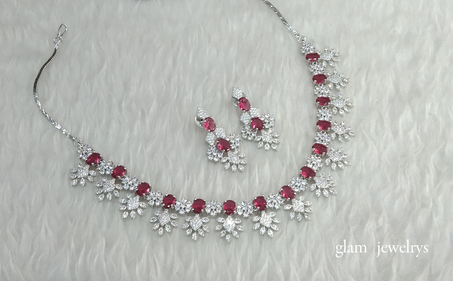 Silver Ruby American Diamond AD Navjot Necklace Set /Indian Necklace Set