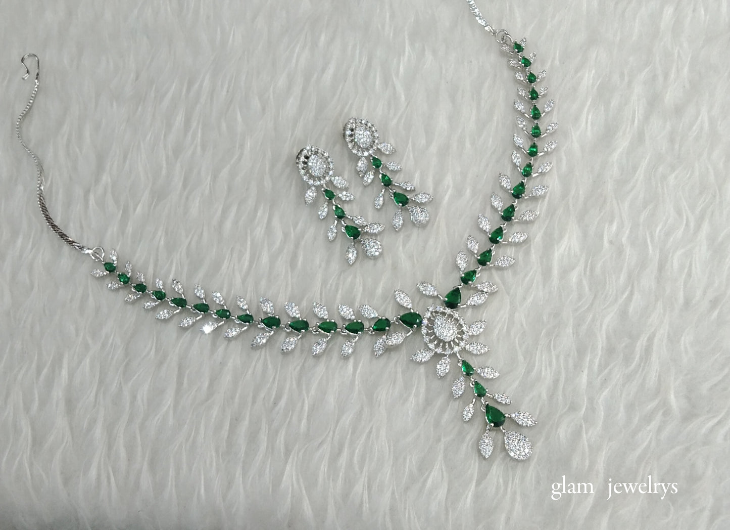 Silver Green American Diamond AD Navjot Necklace Set /Indian Necklace Set