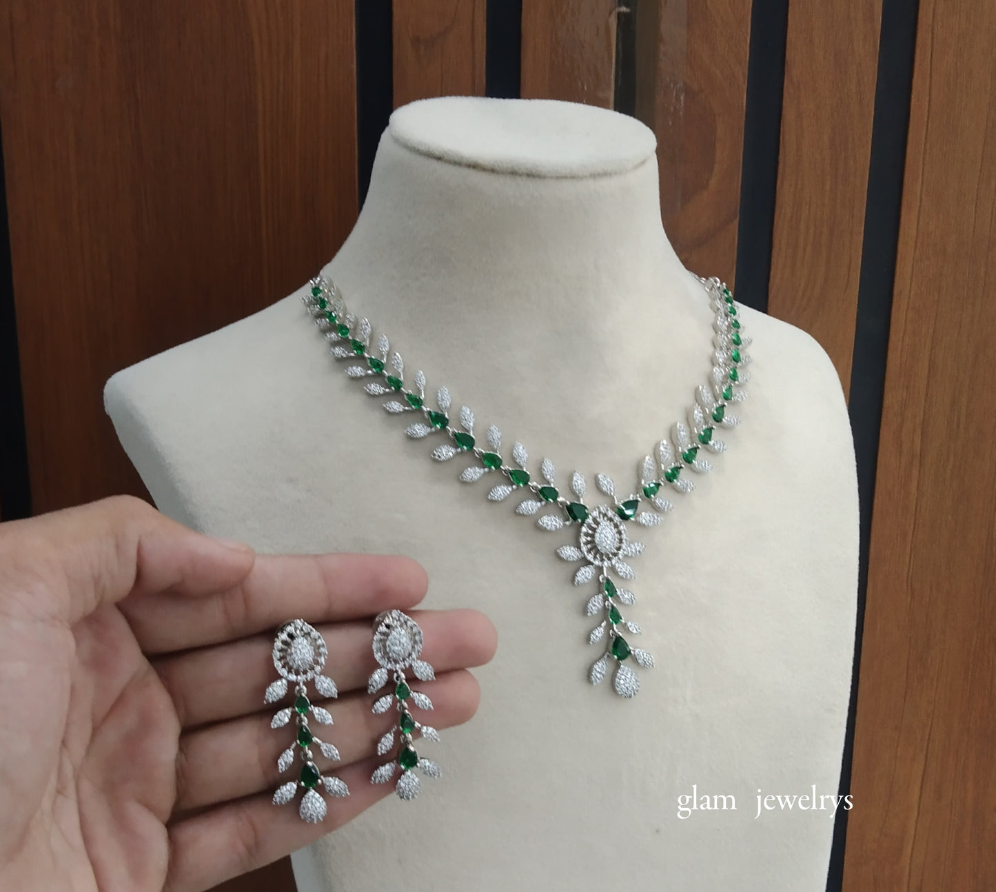 Silver Green American Diamond AD Navjot Necklace Set /Indian Necklace Set