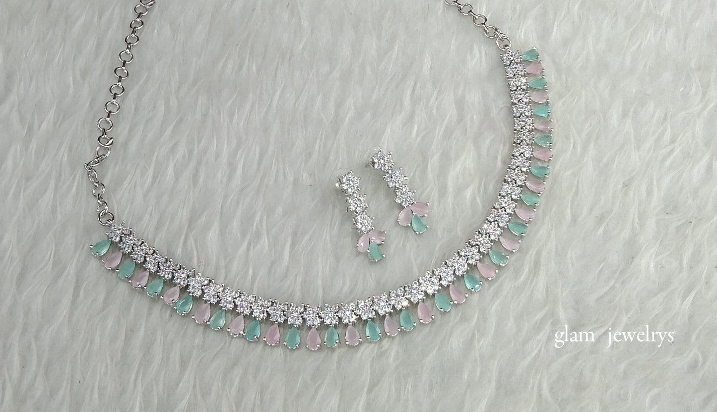 Silver Mint Pink American Diamond AD Manat Necklace Set /Indian Necklace Set