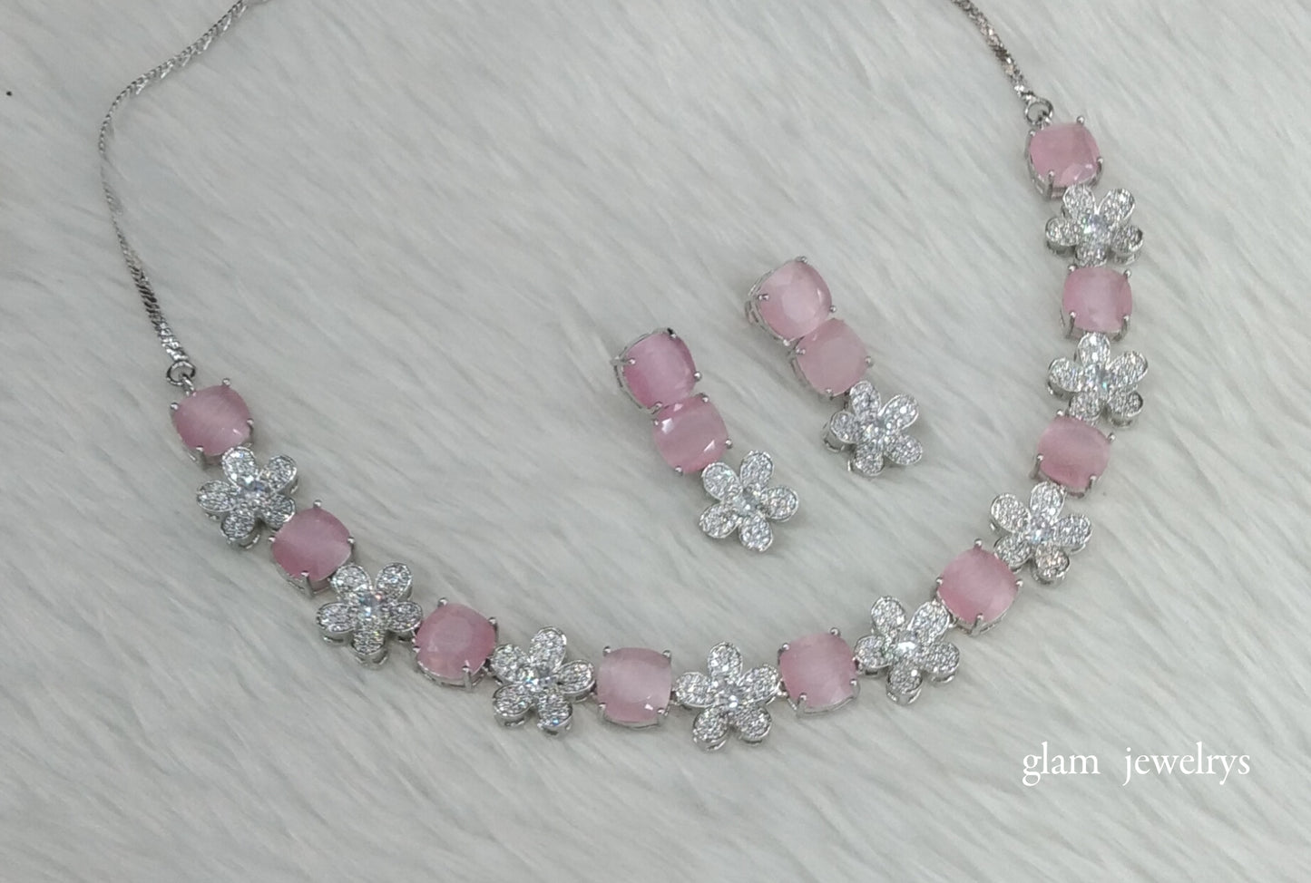 Silver Pink Diamond AD Ishmeet Necklace Set /Indian Necklace Set