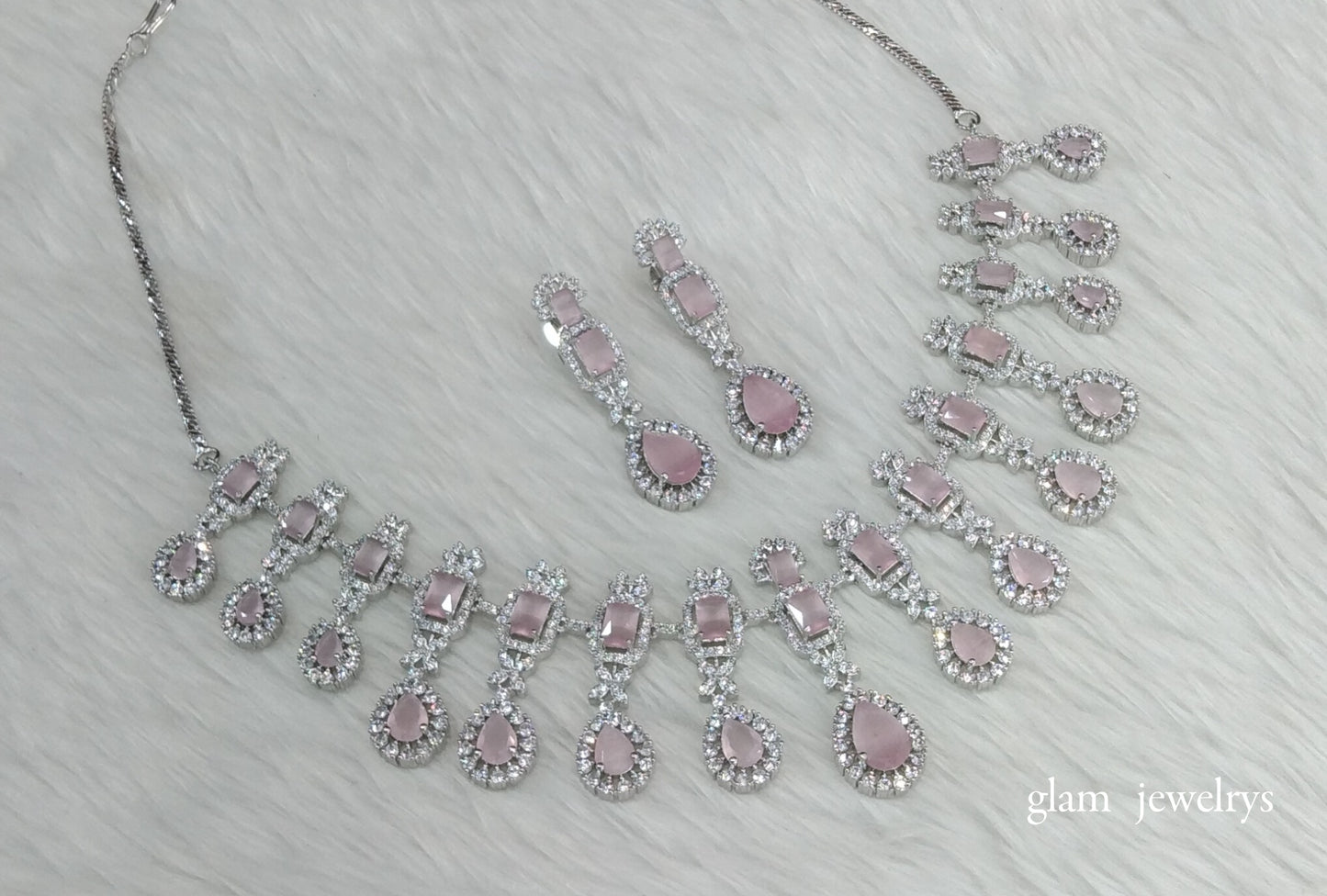 Silver Pink Diamond AD Jasmeet Necklace Set /Indian Necklace Set