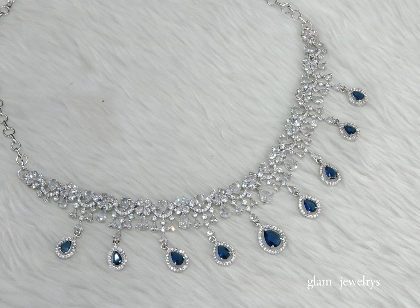 Silver Blue Diamond AD Gaggi Necklace Set /Indian Necklace Set