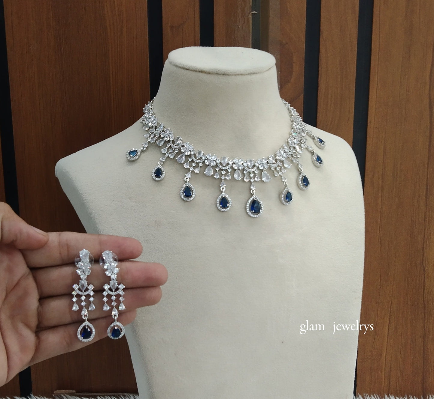 Silver Blue Diamond AD Gaggi Necklace Set /Indian Necklace Set