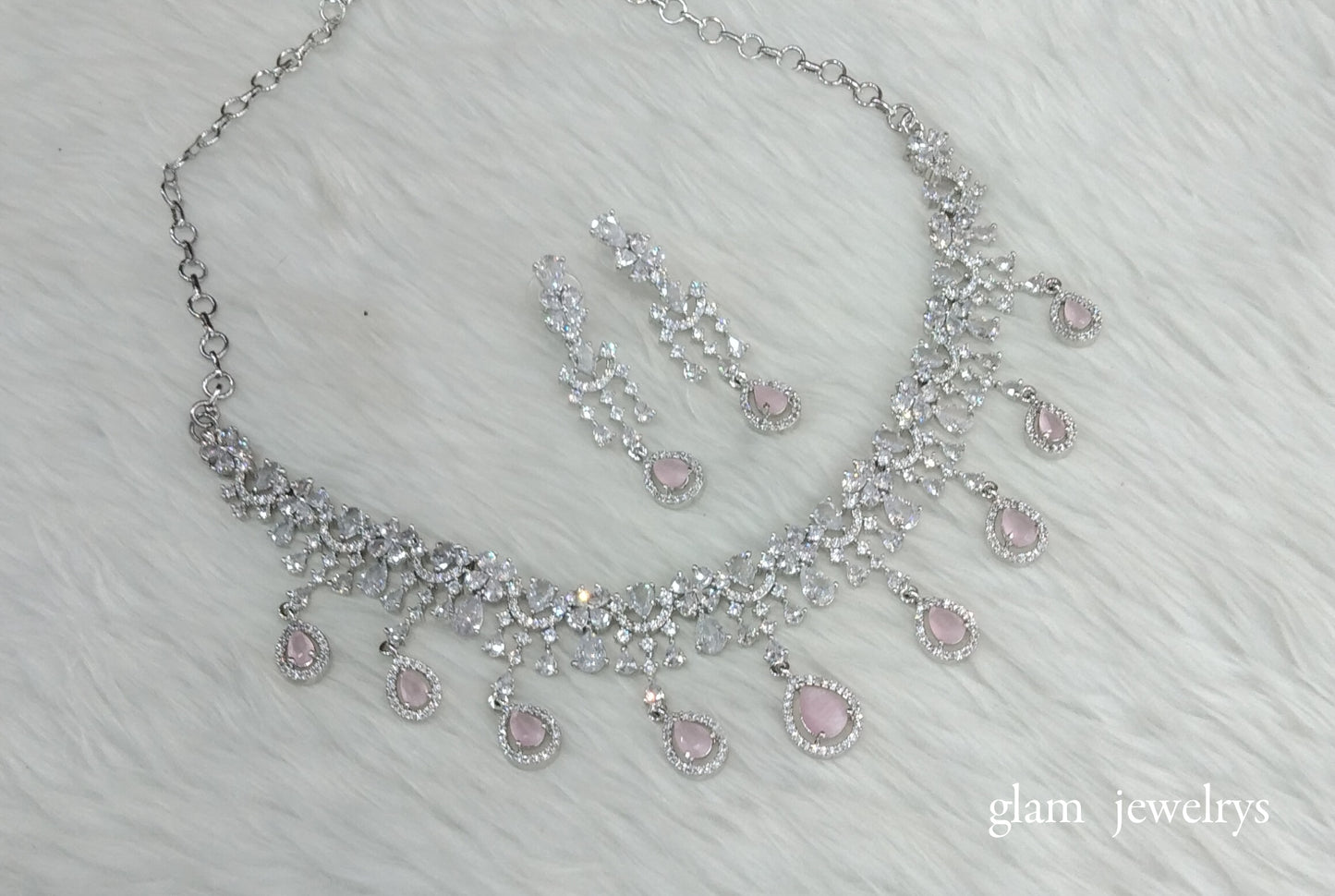 Silver pink Diamond AD Gaggi Necklace Set /Indian Necklace Set