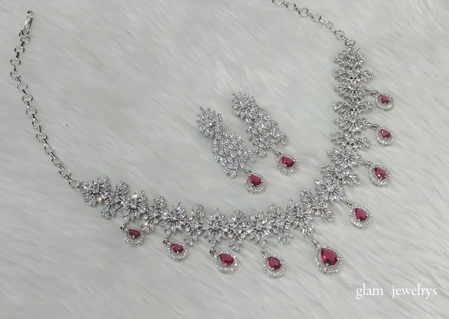 Silver Ruby Diamond AD Jassu Necklace Set /Indian Necklace Set