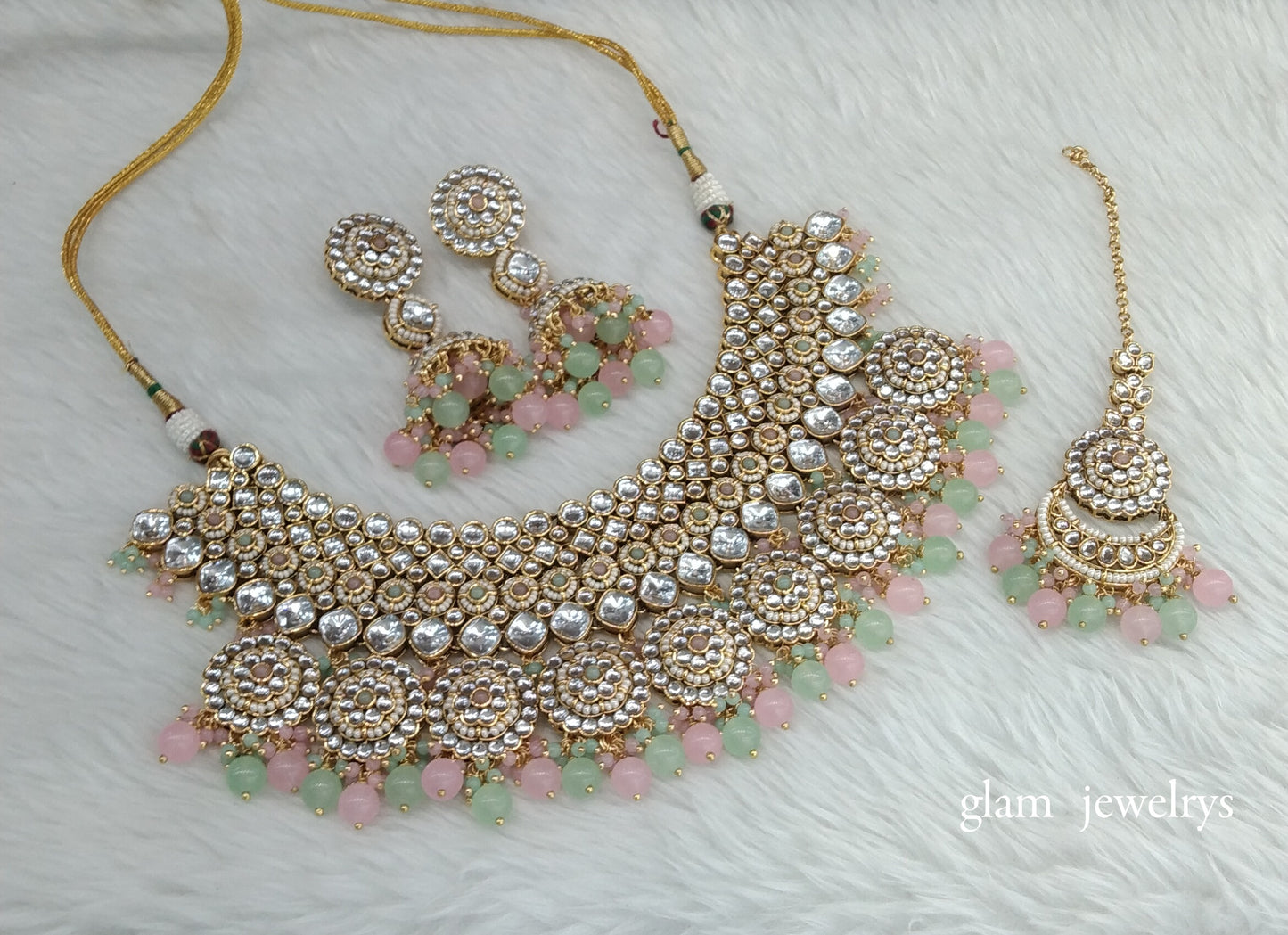 Gold Mint pink Kundan necklace Set/ kundan Indian jewellery Kirti sets