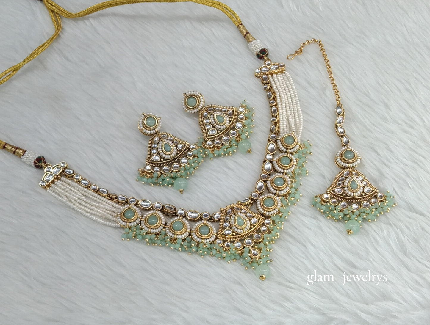 Gold Mint Kundan necklace Set/ kundan Indian jewellery Pinki sets