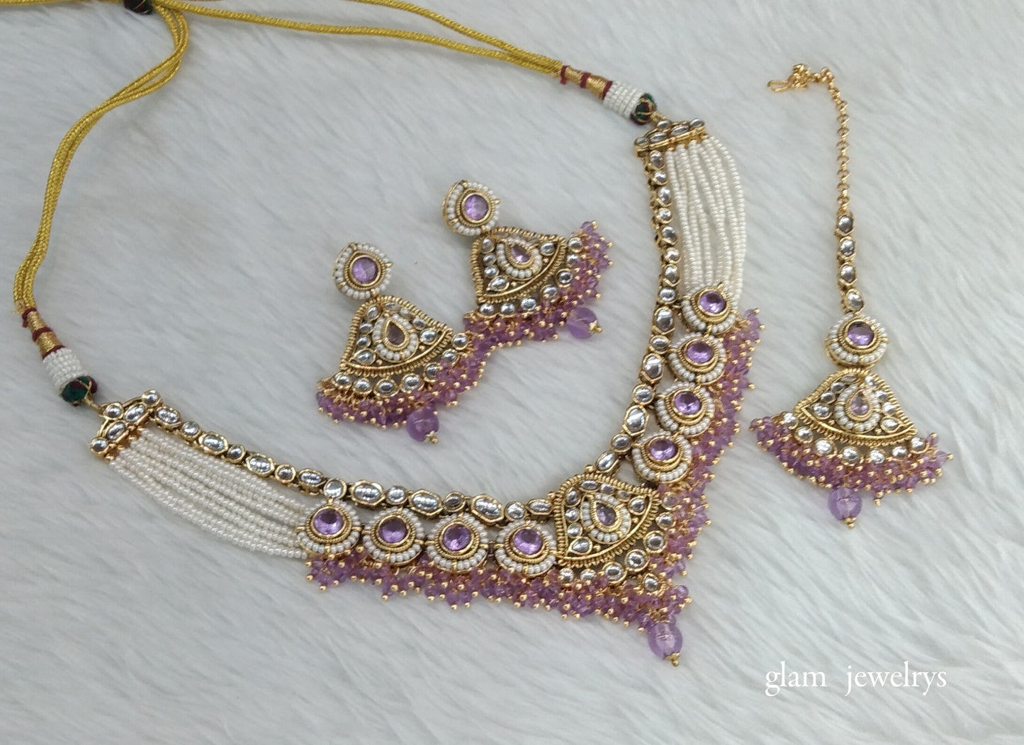 Gold Purple Kundan necklace Set/ kundan Indian jewellery Pinki sets